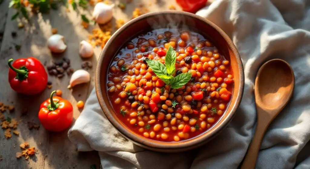 Tocăniță de linte cu roșii și ardei copți