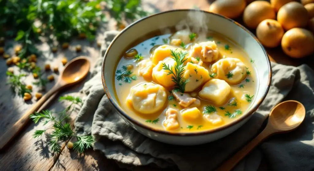 Supă de pui cu găluște de cartofi și mărar