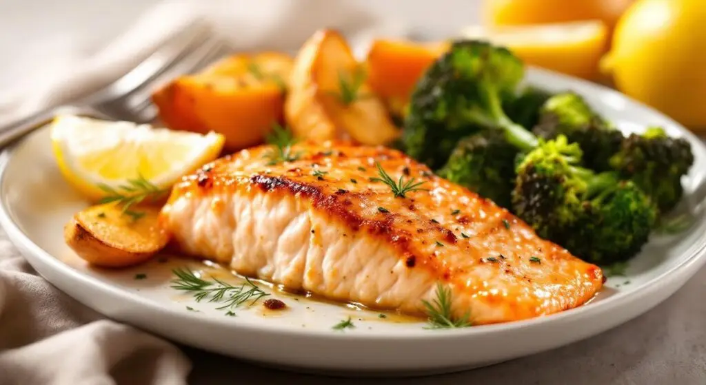 Somon la cuptor cu cartofi dulci și broccoli