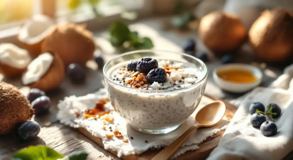 Budincă de chia cu lapte de cocos și compot de prune