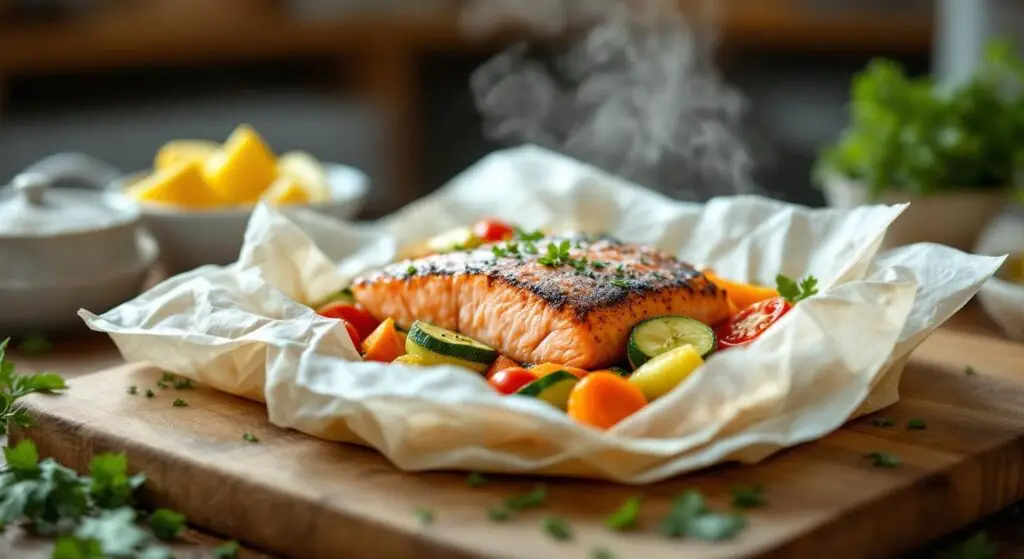 Papillote de somon cu legume mediteraneene și ierburi aromatice