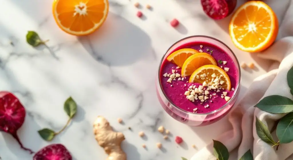 Smoothie cu sfeclă roșie, portocale și ghimbir