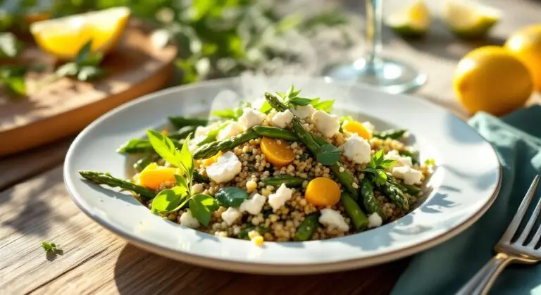 Salată caldă de quinoa cu sparanghel și brânză de capră