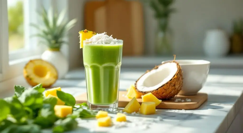 Smoothie verde de primăvară cu spanac tânăr, ananas și lapte de cocos