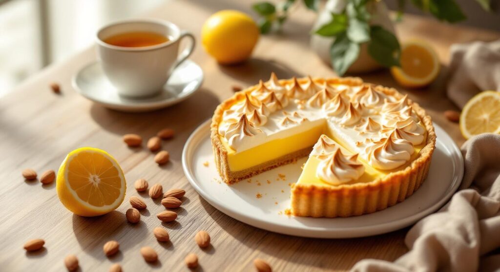 Tarte cu cremă de lămâie și bezea pe blat de migdale