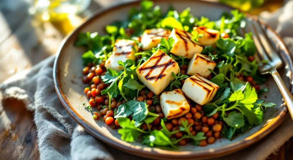 Salată caldă de linte roșie cu halloumi la grătar și dressing de lămâie