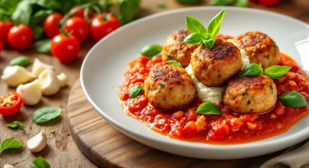 Chiftele de pui cu spanac și ricotta în sos de roșii cu oregano