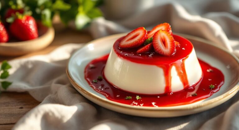 Panna cotta cu iaurt grecesc și coulis de căpșuni