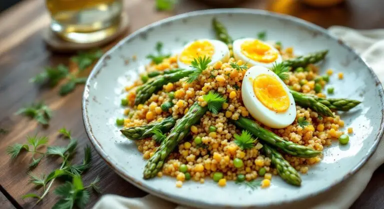 Salată caldă de quinoa cu sparanghel, ouă moi și vinegretă de lămâie