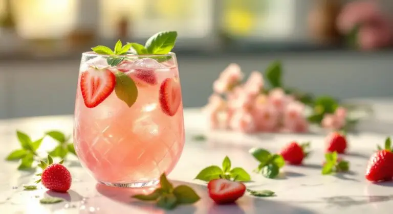 Limonadă roz de primăvară cu căpșuni, busuioc și apă cu bule