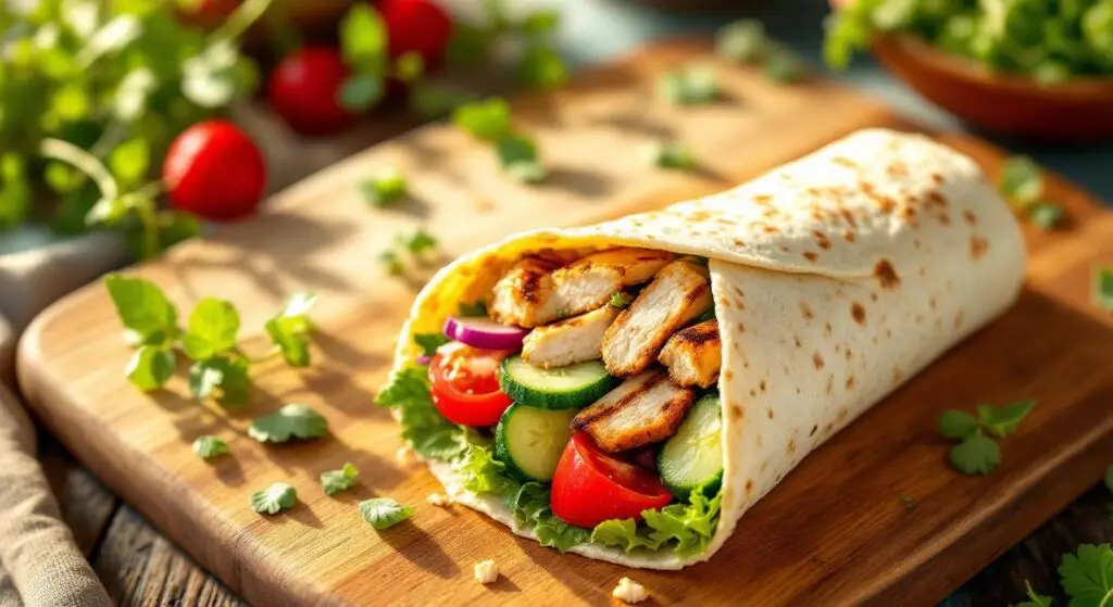Wrap de primăvară cu hummus de sfeclă, pui fiert și legume crocante