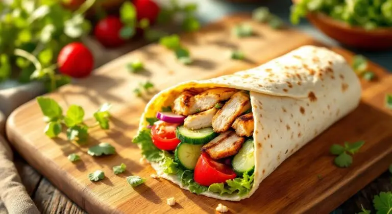 Wrap de primăvară cu hummus de sfeclă, pui fiert și legume crocante