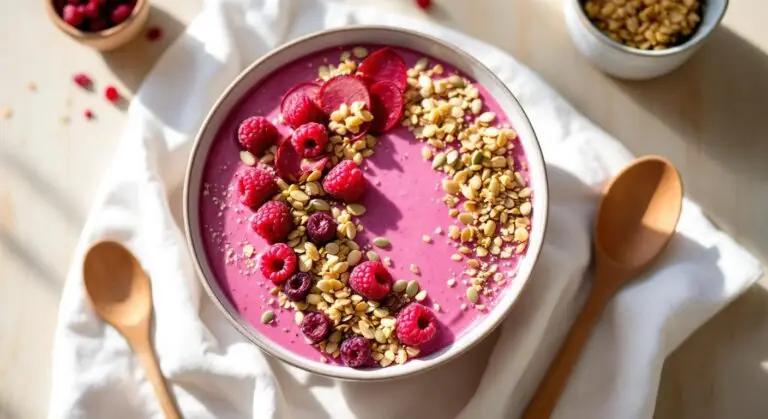 Smoothie Bowl de Primăvară cu Zmeură, Sfeclă Roșie și Lapte de Cocos