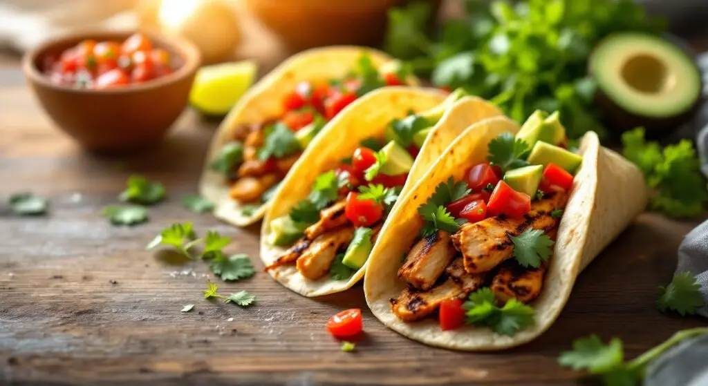 Tacos de primăvară cu pui la grătar, salsa de roșii și avocado