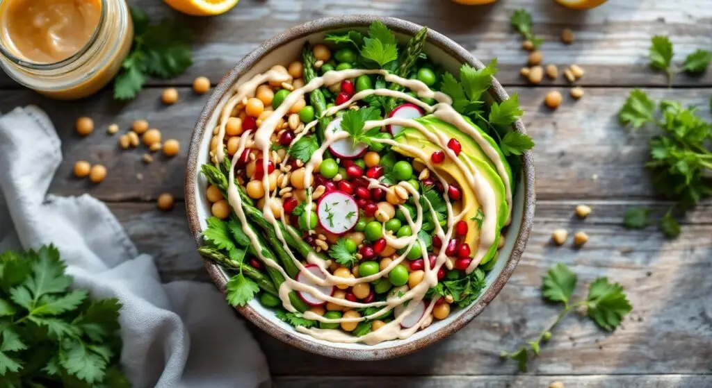 Bowl mediteranean cu năut crocant, legume de primăvară și sos de tahini cu lămâie