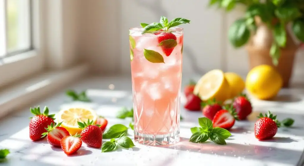 Limonadă roz cu căpșuni, busuioc proaspăt și apă cu bule
