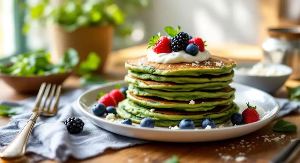 Pancakes pufoase cu brânză de vaci și spanac tânăr, servite cu miere de salcâm