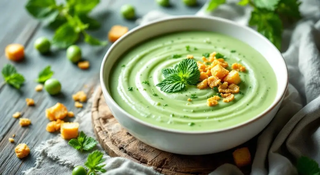 Supă cremă de mazăre proaspătă cu mentă și croutons de secară