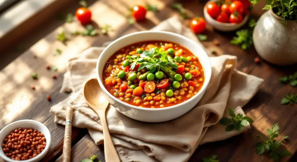 Tocăniță de linte roșie cu legume de primăvară și pâine de secară prăjită