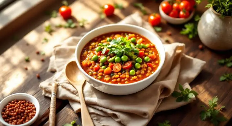 Tocăniță de linte roșie cu legume de primăvară și pâine de secară prăjită