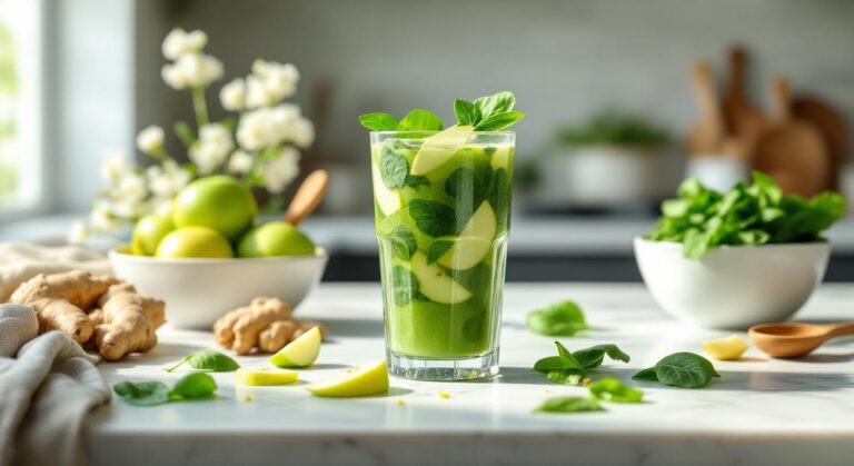 Smoothie verde de primăvară cu spanac tânăr, măr verde și ghimbir proaspăt