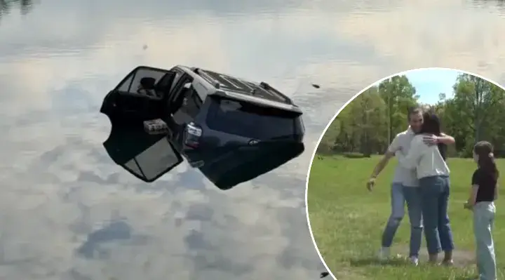 Un bărbat a sărit într-un iaz pentru a salva o mamă și fiica ei dintr-un SUV scufundat