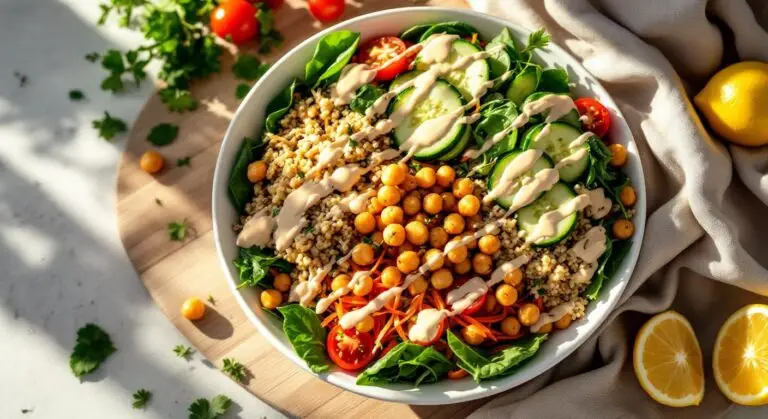Buddha Bowl de Primăvară cu Năut Crocant, Quinoa și Dressing de Tahini cu Lămâie