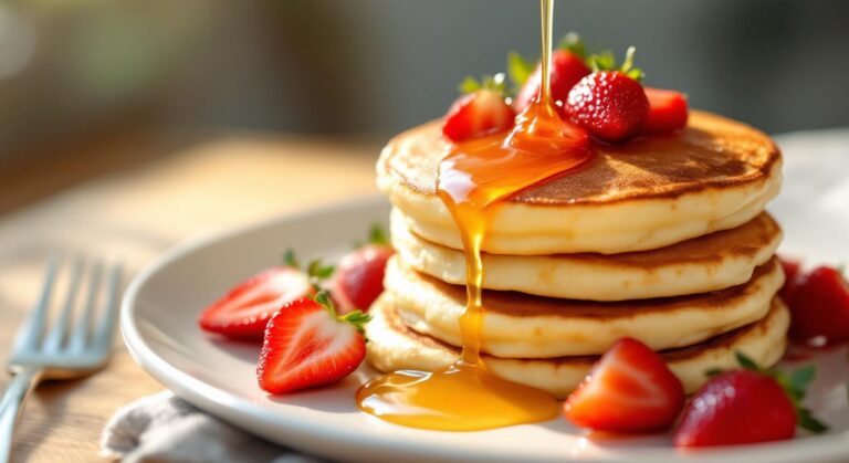 Pancakes cu Ricotta și Lămâie, Garnisit cu Căpșuni Proaspete și Miere