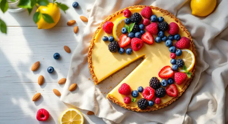 Tarte cu Cremă de Lămâie și Fructe de Pădure pe Blat de Migdale și Curmale