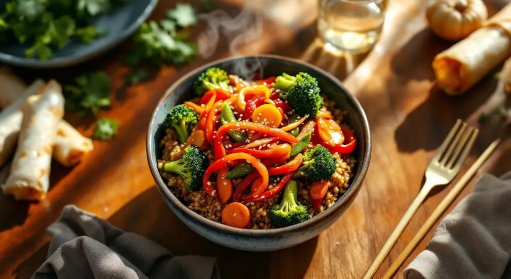 Orez brun cu legume de primăvară la wok și sos teriyaki de casă