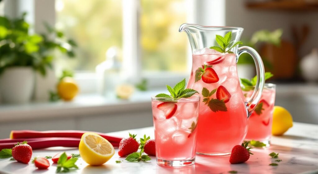 Limonadă Roz de Primăvară cu Rubarbă, Căpșuni și Mentă Proaspătă