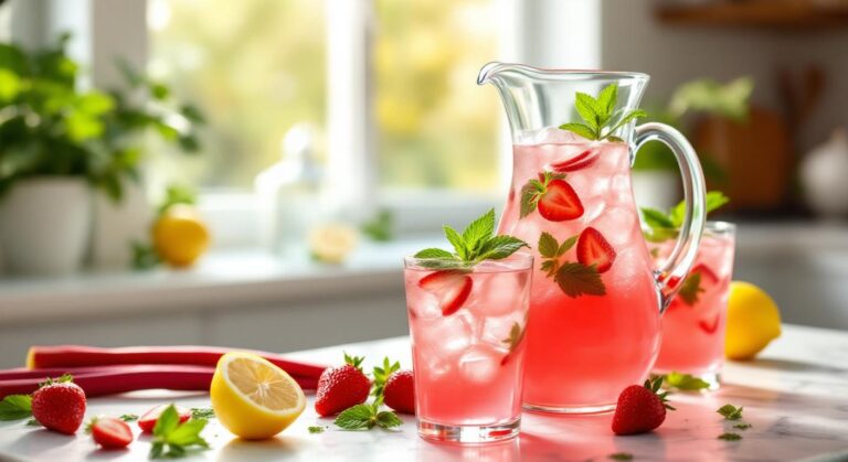 Limonadă Roz de Primăvară cu Rubarbă, Căpșuni și Mentă Proaspătă