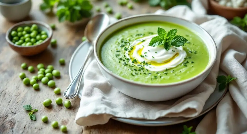 Supă cremoasă de mazăre verde cu mentă și iaurt grecesc