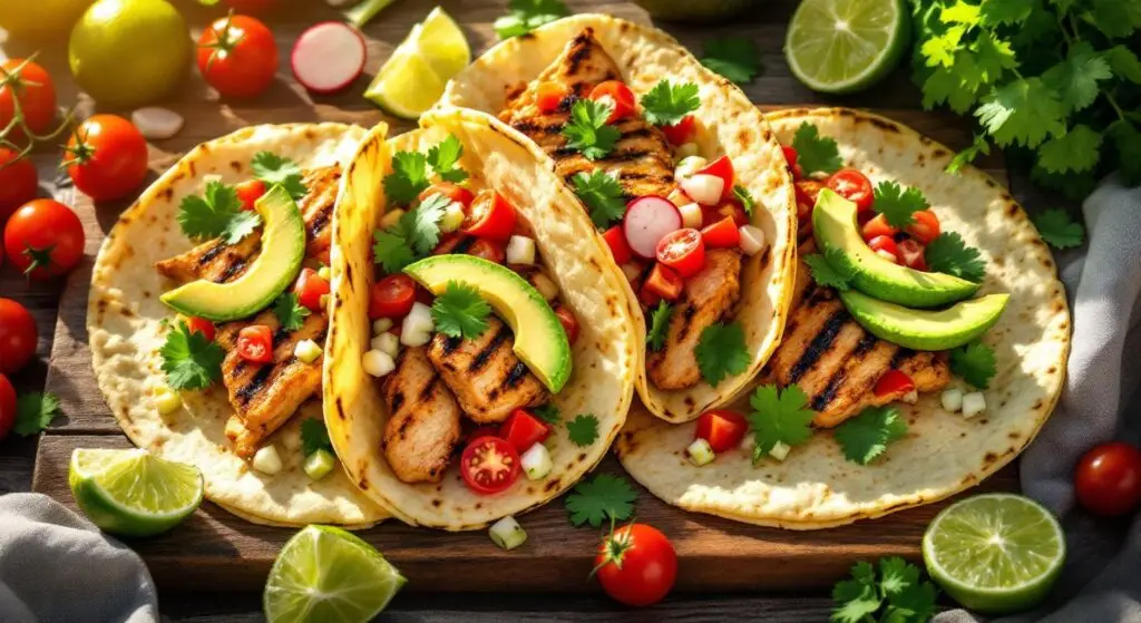 Tacos de Primăvară cu Pui la Grătar, Salsa de Roșii și Avocado Cremos
