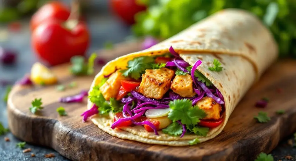 Wrap de primăvară cu hummus de sfeclă, pui tandoori și salată de varză murată