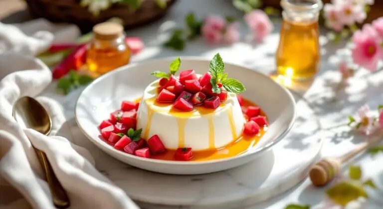 Panna Cotta de Iaurt cu Compot de Rubarbă și Miere de Salcâm