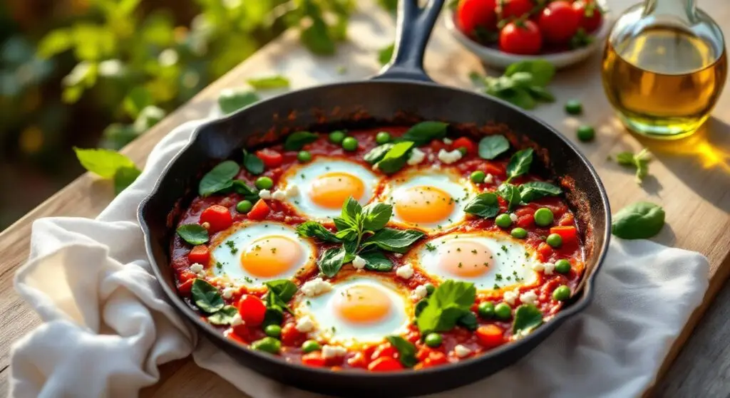 Shakshuka de Primăvară cu Spanac, Mazăre și Brânză Feta