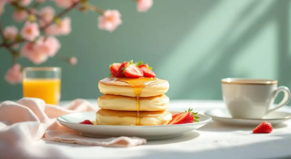 Pancakes japoneze Soufflé cu Căpșuni de Sezon și Miere de Albine