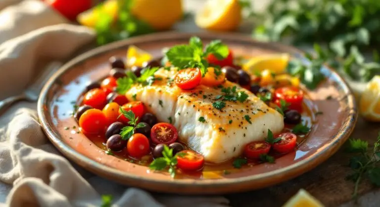 Pește Alb la Cuptor cu Roșii Cherry, Măsline și Ierburi Mediteraneene