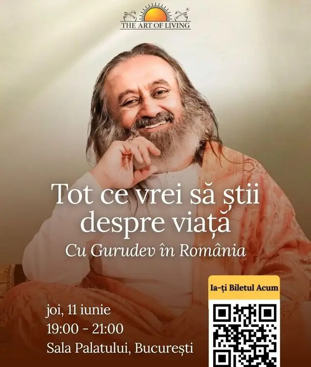 EROUL ZILEI – 5 iunie 2026: Sri Sri Ravi Shankar vine pentru prima oară în România — o seară despre pace interioară și echilibru emoțional